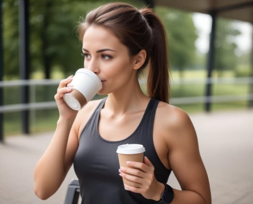 Giovane donna beve caffè prima di fare attività fisica